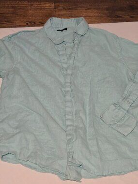 FIN 100% Linen Long Sleeve Button Down Shirt Men's L Turquoise